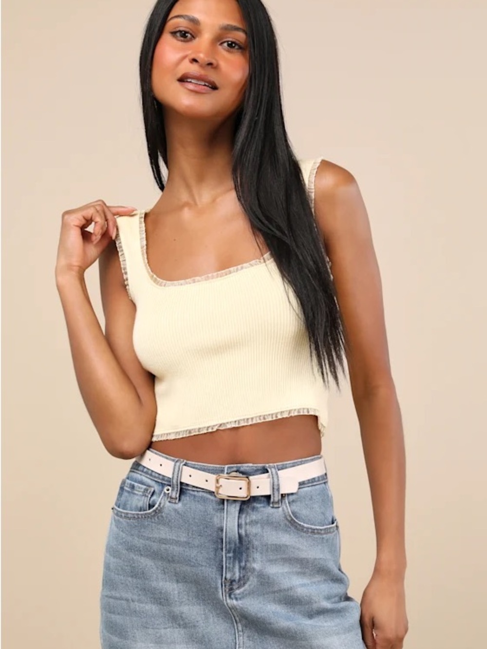 Lulu's Light Yellow Ribbed Square-Neck Crop Top